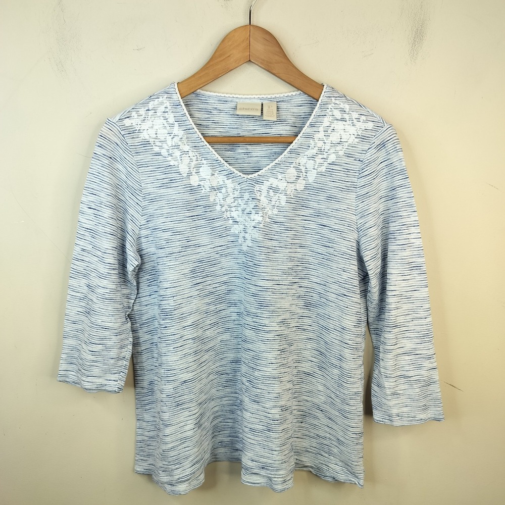 Chico's Striped Top Womens 1P / Small Petite Embroidered V-Neck Casual Blue